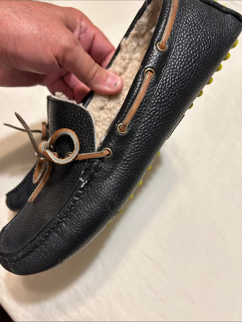 Cole Haan Black Leather Shearling-Lined Driving Moccasins with Brown Lace